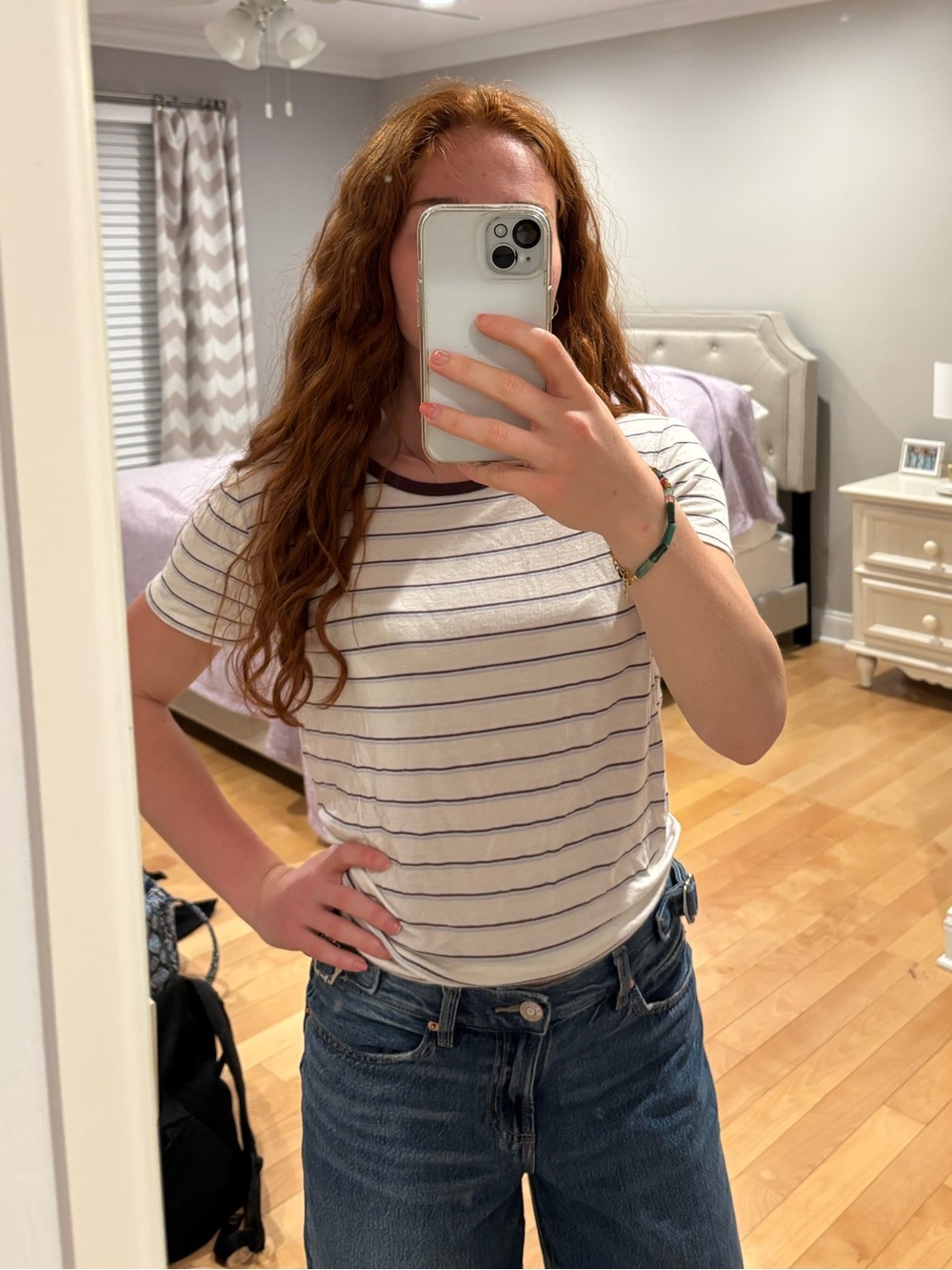 Garage White Tee with Maroon Stripes and Trim